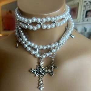 Elegant Pearl and Silver Cross Necklace Bundle